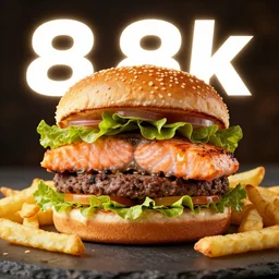 burger with salmon fillet and french fries, 8 k, dynamic lighting, food advertisement, delicious looking