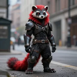 red fursona, stoat urbanscene photorealism coalpunk masculine furry black