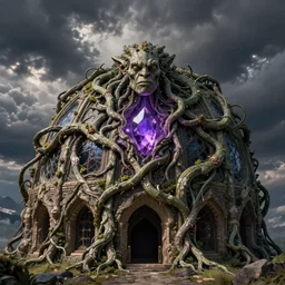 On a domed structure made of tentacled rock vines, there is an orc fused and blended with the vines, a purple crystal pulsing in his chest, Peter Mohrbacher, artwork by Peter Mohrbacher