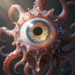 Bright eldritch being, melting anatomically correct human eye, tentacles, detailed: cornea, iris, pupil, stained glass, octane render, cinematic, art by by Greg Rutkowski and Igor Kieryluk
