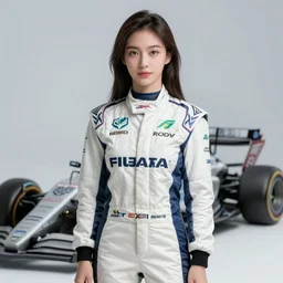 portrait beautiful asian female formula one racer, wearing formula one racer uniform, at formula one racing car repair room, ssci-fi, fantasy, intricate, very very beautiful, elegant, human anatomy, neon light, highly detailed, digital painting, artstation, concept art, soft light, smooth, sharp focus, illustration, art by Brook Shaden and tian zi and alphonse mucha