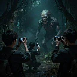 photo of people taking pictures of an scp creature, eerie atmosphere, fear, mystery, dramatic, 8 k uhd