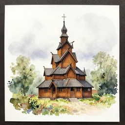 small centered on watercolor paper, paint brush strokes, abstract watercolor painting of traditional scandinavian wooden church, overcast weather, noon, viking house, translucent leaves, cinematic, national romanticism by hans dahl, by frank frazetta, by jesper ejsing, by anders zorn, by greg rutkowski, by greg manchess, by tyler edlin