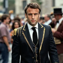 Emmanuel Macron wearing carnival clothes in American Psycho (1999)