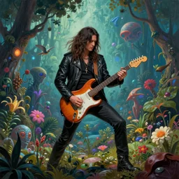 epic guitarist with his stratocaster in alien planet, magic background ambientation, lot of vegetation, trees, plants, flowers, flying animals, painting, concept art, les bastien - lepage
