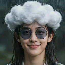A character with a cloud on his head, raindrops instead of tears, disheveled thoughts, the subtle existence of reality in time, a beautiful face, a sweet smile, gray shades