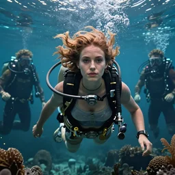 detailed ultrarealistic photography front medium shot of underwater, waterworld, mad max, matrix, postapocalyptic, scifi cyberpunk scubadiver girl, leyendecker, norman rockwell, greg rutkowski, moebius, artstation cinematic, vray game of thrones, lord of the rings