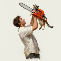 picture of a man with a white shirt and a red chainsaw for a head lifting up a cat with both arms, full body, highly detailed, digital painting, artstation, sharp focus, illustration, art by artgerm and irakli nadar and greg rutkowski - cfg _ scale 9. 5 - n 9