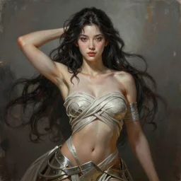 a professionally painting of an attractive young goddess, partially wrapped in battle armor, olive skin, long dark hair, beautiful bone structure, perfectly proportioned, symmetrical facial features, intricate, elegant, heroic pose, digital painting, concept art, smooth, sharp focus, finely detailed, abstractly framed, from Metal Gear, in the mixed styles of Ruan Jia and Mandy Jurgens and Artgerm and William-Adolphe Bouguerea