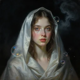 a neoclassicist close - up portrait of a young woman cloaked in silk with glowing bubbles and iridescent and reflective alien technology. foggy black background with dark puffy glowing clouds. highly detailed science fiction painting by norman rockwell, frank frazetta, syd mead and moebius. rich colors, high contrast, gloomy atmosphere, dark background. trending on artstation.