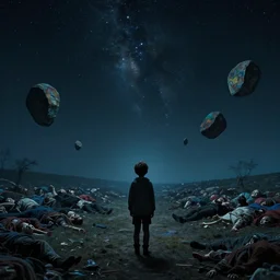 a lonely kid in an unknown world, looking at the stars, with a lot of dead bodies behind him, rocks floating, painted like alex kanevsky, and the athmosphere of dennis villeneuve