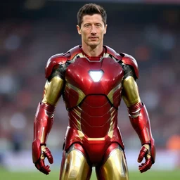 Robert Lewandowski photorealistic face in ironman suit marvel superhero, 4k, detailed, pic, full body