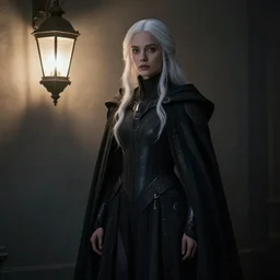 very beautiful girl with perfect ice white hair wearing long futuristic highly detailed dark cloak designed by yohji yamamoto standing in a shadow of the soft light of victorian - style lantern, mystery, mysterious, soft dark muted colors, simple shapes, by gregory crewdson, golden ratio, perfect composition, dramatic, medium close - up ( mcu ), cannon ef 6 5 mm f / 2. 8