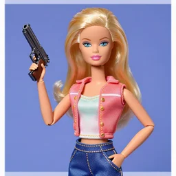 extremely detailed studio closeup portrait of a fashion model barbie doll holding a gun in hone hand, the other one in pocket. surreal photograph, lo - fi, polished look, solid background, silly and serious, hermes ad, fashion photography, toiletpaper magazine by pierpaolo ferrari and maurizio cattelan, 3 5 mm photograph, colourful, david lachapelle, canon eos c 3 0 0, 8 k, medium - format print