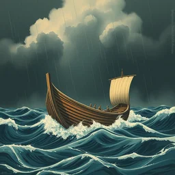 huge ancient massive wooden curved hulled boat on huge stormy turbulent waves seas dark clouds and rain, limited neutral palette, by pascal campion, petros afshar, anton fadeev, dean ellis, randolph stanley hewton, beautiful graphic, propaganda poster art 1 9 7 0 s illustrated advertising art, painterly design