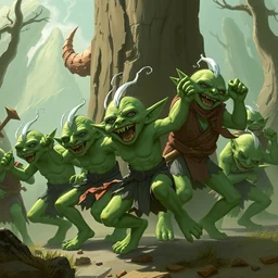 a pack of green goblins doing the dance of pain, a fantasy art, hd, trending on artstation, by rhands, makoto shinkai, ilya kuvshinov