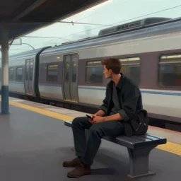 a man waiting for a train at a train station, cyberpunk art by tomer hanuka, cgsociety, photorealism, matte drawing, digital illustration, digital painting