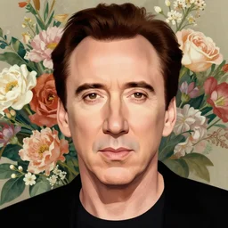 portrait study of nicholas cage with floral background, flowers bouquet, by karol bak, artgerm, moebius, elena masci, tom bagshaw, giuseppe arcimboldo, android jones : : portrait, illustration, photorealism, hyperrealism, surrealism, negative space, intricate detail, line work