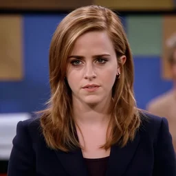 medium shot of emma watson in a guest role in the office ( us ), promotional image, detailed face, tv still frame