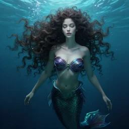 beautiful mermaid under water, elegant, pretty face, long curly hair, dark fantasy, scifi, volumetric lights, intricate, intense detail, digital painting, artstation, concept art, soft shading, cinematic, hyperealistic, illustration, style of h. r. giger, 3 d 4 k