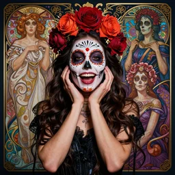 beautiful dreaming android! woman. ecstatic portrait, cinestill, blade runner, photorealistic, interstellar, intricate detailed environment. ( el dia los muertos ), 8 k, hd. art nouveau by terry o'neil and artgerm and pollock and greg rutkowski and alphonse mucha and loish and wlop