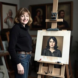 bridget moynihan, stands at her easel, painting a self portrait