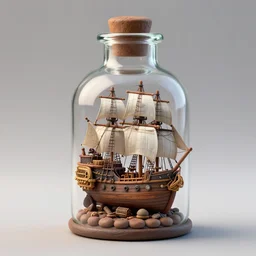 a detailed miniature steampunk pirate ship in the bottle, ship in the glass bottle, clay render, 3d render, trending on artstation, smooth defined edges, sharp focus, 4k