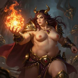 The sorceress casting a fire ball, league of legends, strong fat bacchanalian body, highly detailed, digital painting, artstation, concept art, smooth, sharp focus, illustration, ArtStation, art by artgerm and greg rutkowski and alphonse mucha and Edmund Blair Leighton and Charlie Bowater