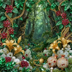 A forest made of gemstones, with emerald leaves, vines made of golden chain, blossoms made of rubies, golden lillies on jade bushes, garnet and gold pomegranates, and jeweled fruit with diamonds and pearls