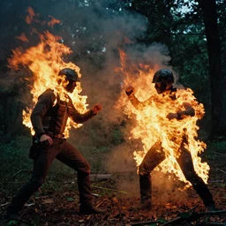 two nuclear wizards dueling in the forest, terrible heat and flame,, dynamic lighting, film photography, realistic heat waves