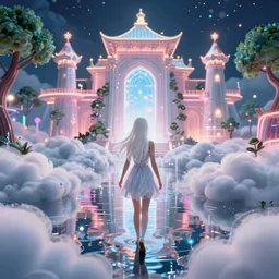 white haired girl walking in flooded cloud palace night, neon lights lots of trees, cinematic, vibrant colors anime illustration by studio ghibli