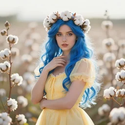 goddess of cotton, model pose, blue hair, warm! yellow dress, crown of flowers, beautiful symmetrical face!!!, cinematic lightning, rim light, white! cotton!!!! flowers background, ross tran, greg rutkowski