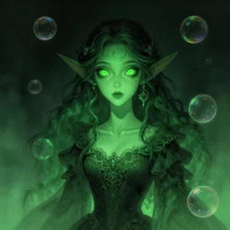 portrait of magical green goblin female , dark fantasy, gradient green black, dreamy and ethereal, (colour) eyes, one head, golden ratio, peaceful expression, ornate frilly dress, fantasy, intricate, elegant, rainbow bubbles, highly detailed, digital painting, artstation, concept art, smooth,b sharp focus, illustration, art by artgerm and greg rutkowski and alphonse mucha and gigger