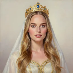 a portrait of a woman who looks like a mix of natalie portman and margot robbie as an arabian princess in a disney movie, crown!! oil painting, pale colors, high detail, 8 k, wide angle, trending on artstation,