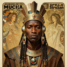 a retro futuristic african tribal chief, art by joseph christian leyendecker, design blocking by alphonso mucha, poster design by drew struzan, highly detailed, digital painting, concept art, smooth sharp focus, intricate, symmetry,