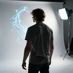 photo still of posterior view, aaron taylor johnson enchanting a water spell, subject in shadow, casual clothes, glowing magic, 8 k, studio lighting bright ambient lighting key light, 8 5 mm f 1. 8