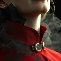 female collar on a red gucci fabric and black smoke, hyper realistic full of details, canon eos, zbrush, artstation, greg rutkowski