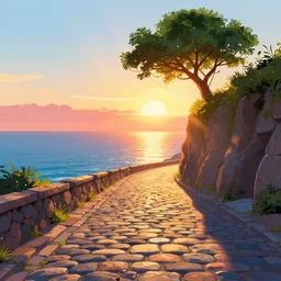 a lonely cobblestone street with a tree on a cliff over the sea at sunset, brightly illuminated by rays of sun, artstation, colorful illustration, by peter chan, day of the tentacle style, low camera angle