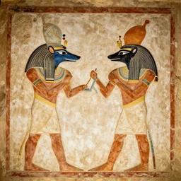an ancient egyptian mural of an egyptian animal god using a computer