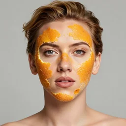 scarlett johansson with a face made of orange fruit peels, realistic, portrait, detailed