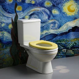 a toilet inspired by van gogh's work, product photograph