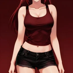 hot girl, wearing a tanktop and shorts, in the style of greg rutkowski, anime artstyle, intricate, dark red and black colors