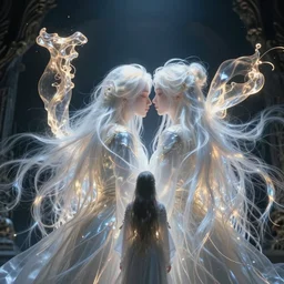 love, translucent people with long glowing hair, from behind, rebirth, wide angle, cinematic atmosphere, elaborate, highly detailed, dramatic lighting