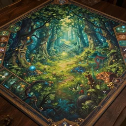 tabletop game board, all illustrated with an enchanted forest , fantasy art, in the style of greg rutkowski, illustration, epic, fantasy, intricate, hyper detailed, artstation, concept art, smooth, sharp focus, ray tracing