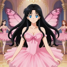 illustration of elegant bombshell anime waifu woman with long black hair, blue eyes, pink romantic tutu, butterfly wings. symmetrical face, symmetrical detailed defined eyes, intricate, dance hall background, art by artgerm and greg rutkowski and magali villeneuve