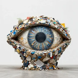A sculpture a The all-seeing eye made pure recycled Trash