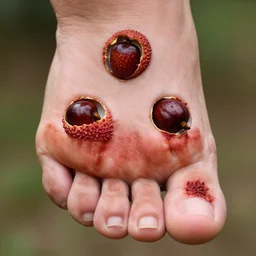 the bottom of my foot has large holes in it, each filled with a lychee seed, hyper photo realistic, ultra high resolution, 8 k,