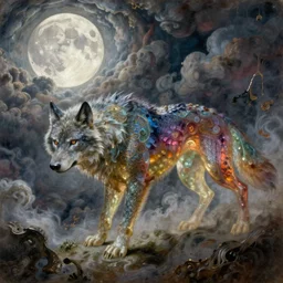 concept art of translucent werewolf, lovecraftian, renaissance, melting, round moon, rich clouds, fighting the horrors of the unknown, very detailed, volumetric light, mist, fine art, decaying, textured oil over canvas, epic fantasy art, very colorful, ornate intricate scales, dreamy aesthetic, highly detailed