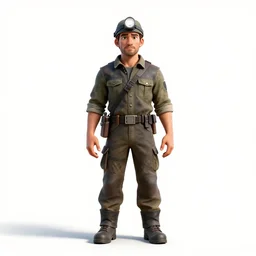 elegant miner with headlamp, detailed 3d character render, full body, standing, isolated on a pure white background, centered, whole figure in frame, sharp focus, studio lighting