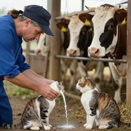 butcher giving milk to a cat, while being watched by a cow